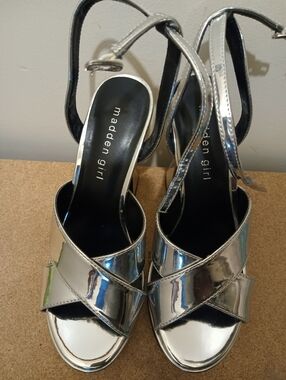 Madden Girl Silver Metallic Crisscross Block Heel Sandals